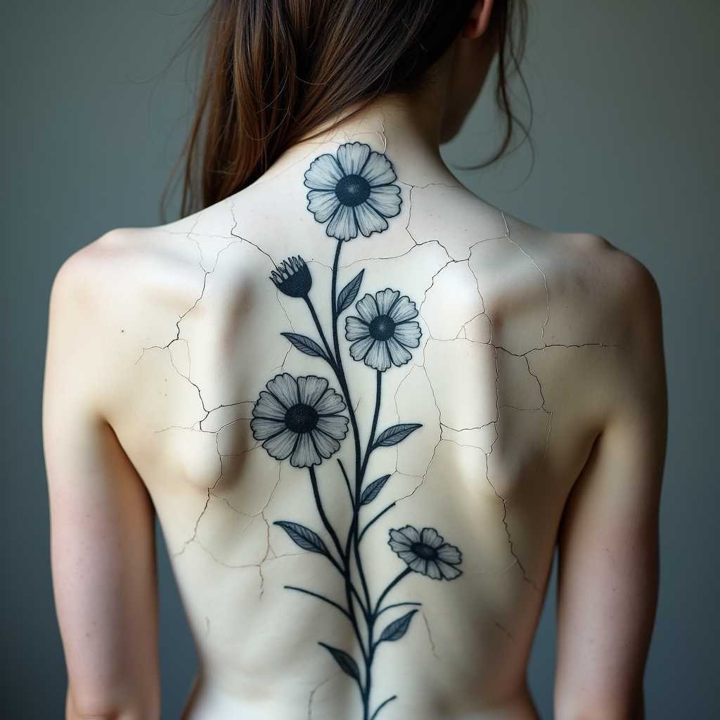 Full back daisy tattoo on dark feminine porcelain skin with cracks