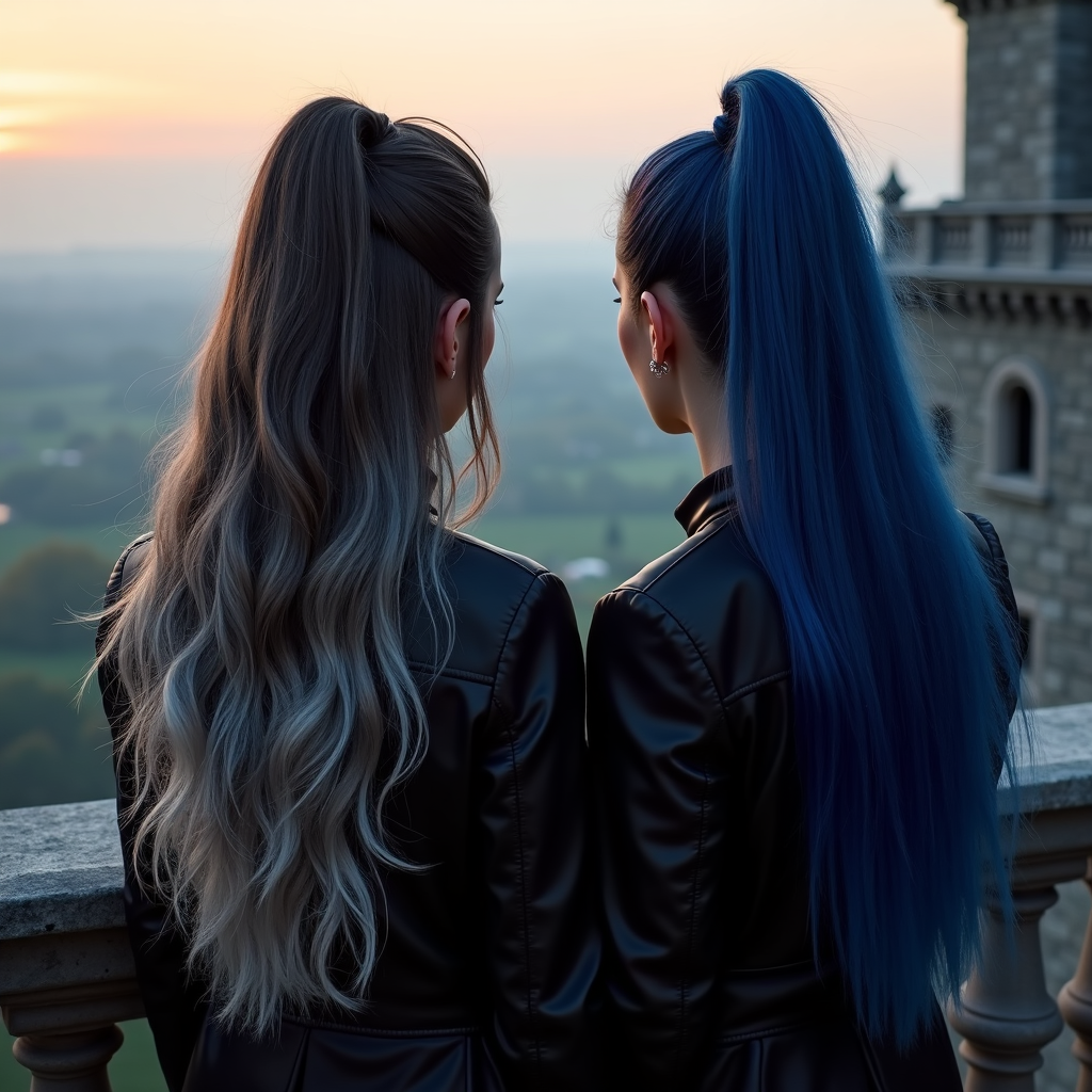 Two people with long, colored hair - one blue and one silver-grey - wearing black leather jackets stand at a stone balcony overlooking a landscape at dusk