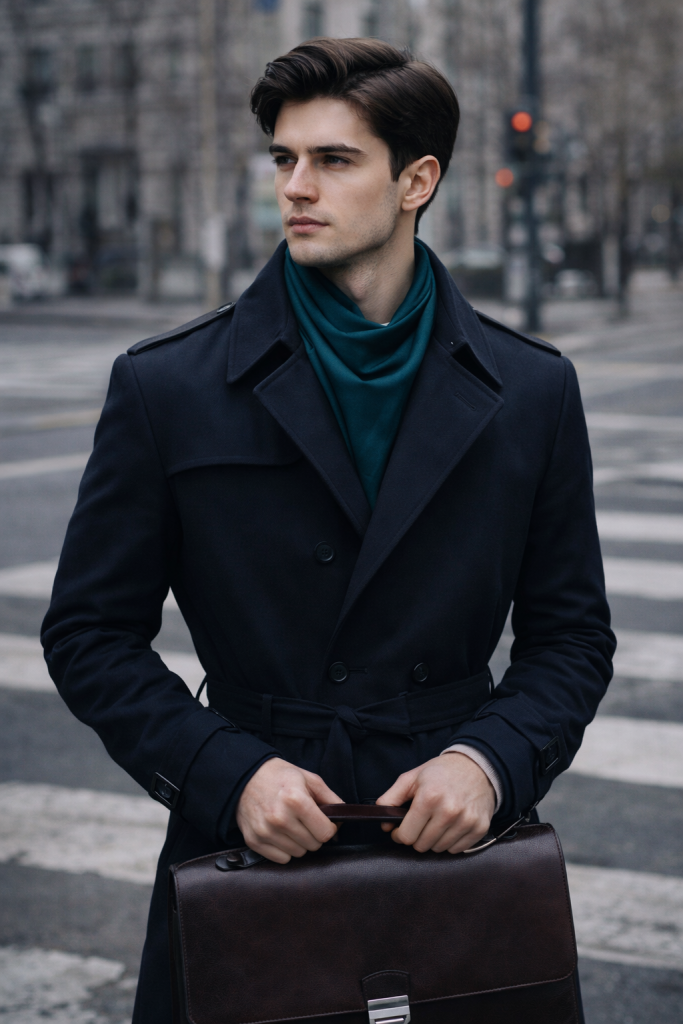 Man in navy trench coat with deep teal silk scarf holding briefcase