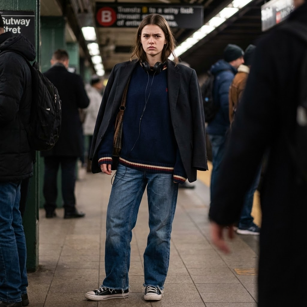 Young woman in a navy Christmas sweater and jeans on a subway platform.