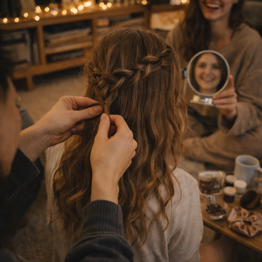 Friends styling waterfall braid for hair trial night in cozy living room