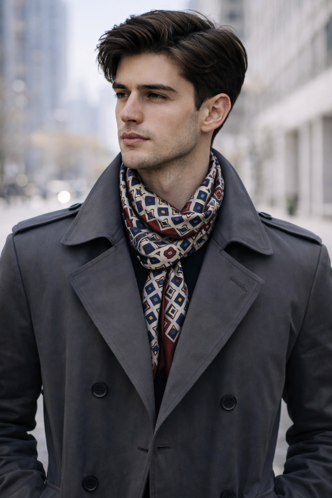 Man in gray trench coat and geometric silk scarf
