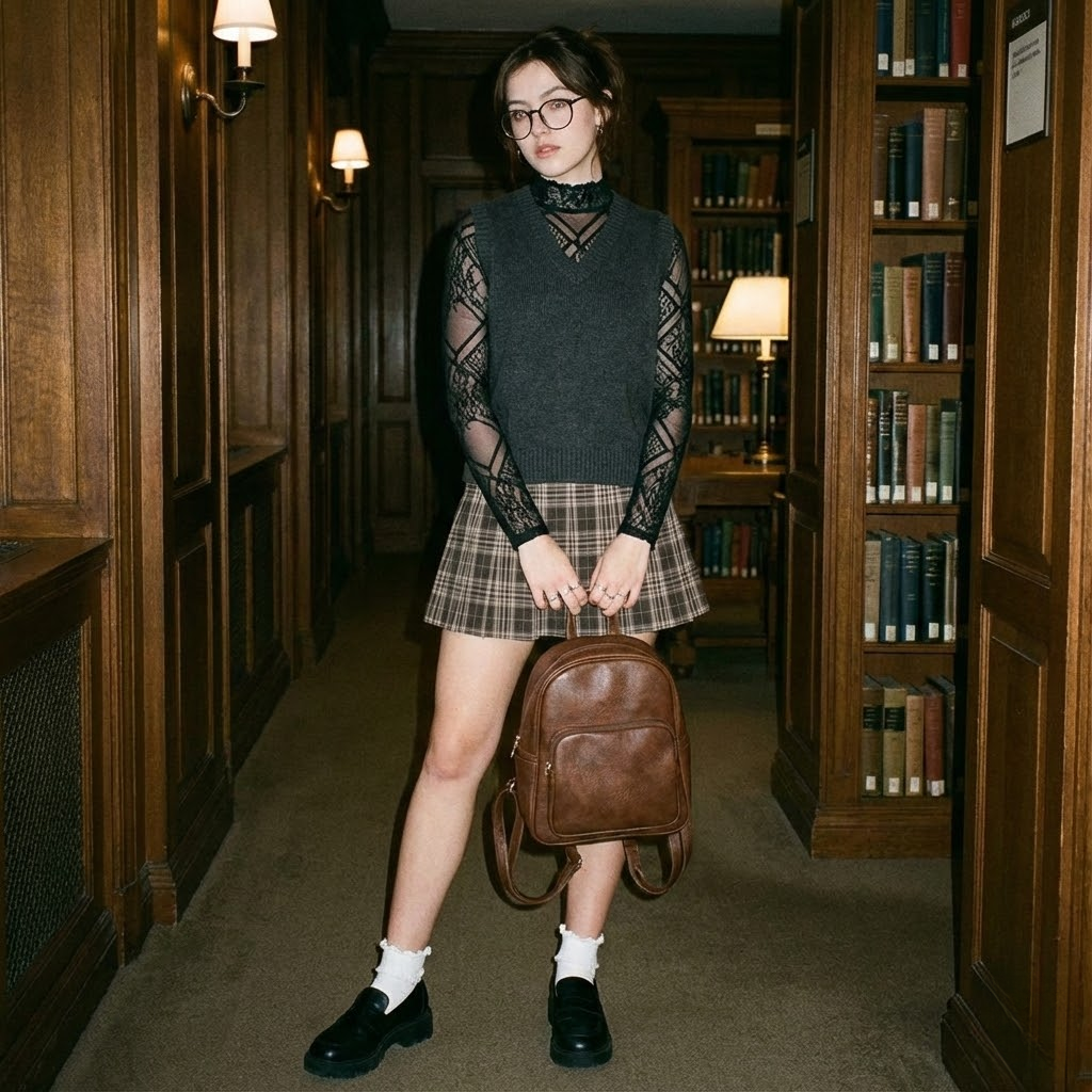 Woman in graphic lace top, dark academia aesthetic, plaid skirt, and backpack on campus.