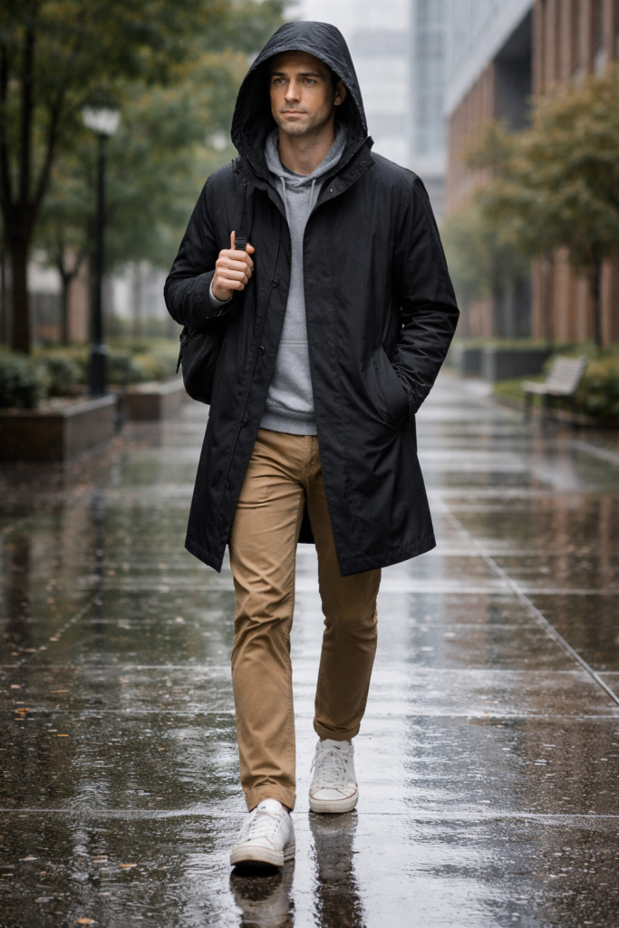 Man in black hooded trench coat and khaki pants walking on rainy campus sidewalk with backpack.