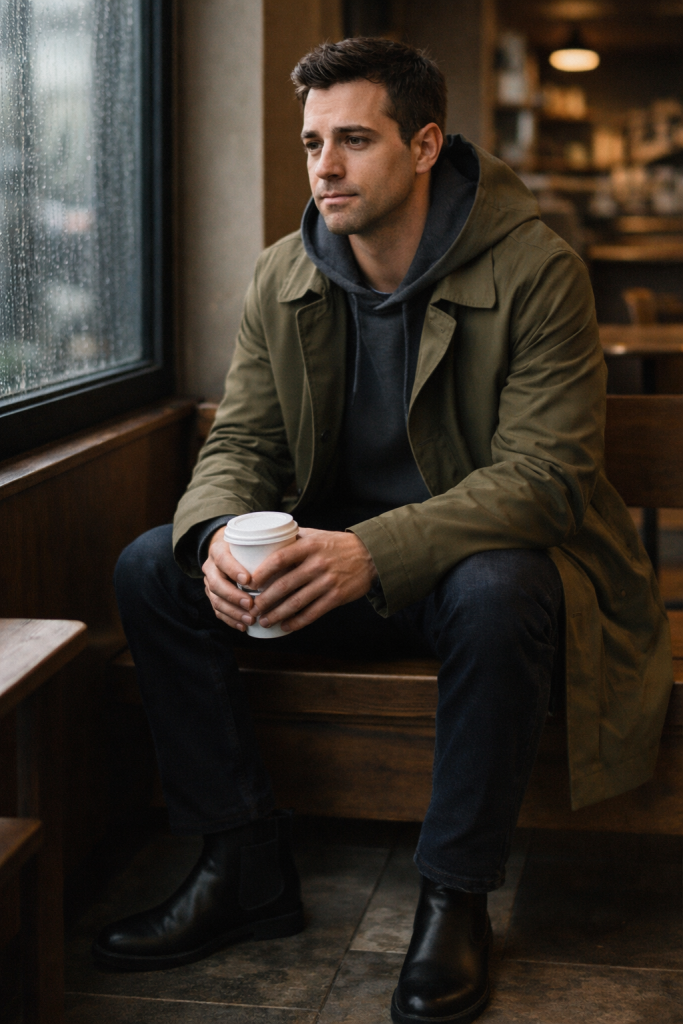 Man in olive hooded trench coat holding coffee in a cozy coffee shop.