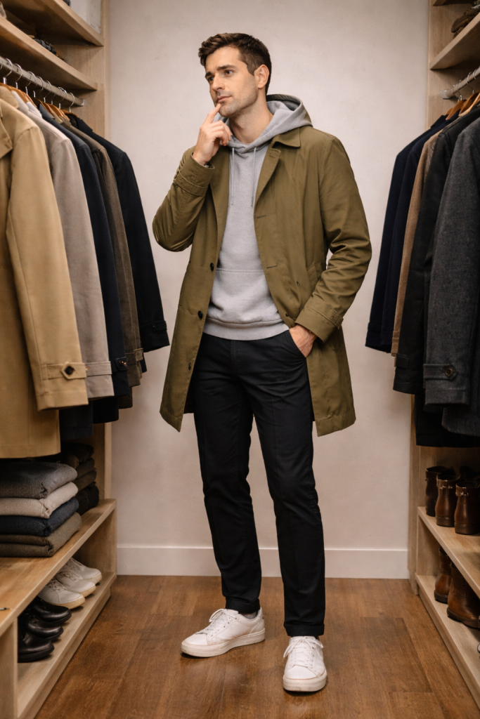 Man in olive hooded trench coat and hoodie, a versatile wardrobe essential.