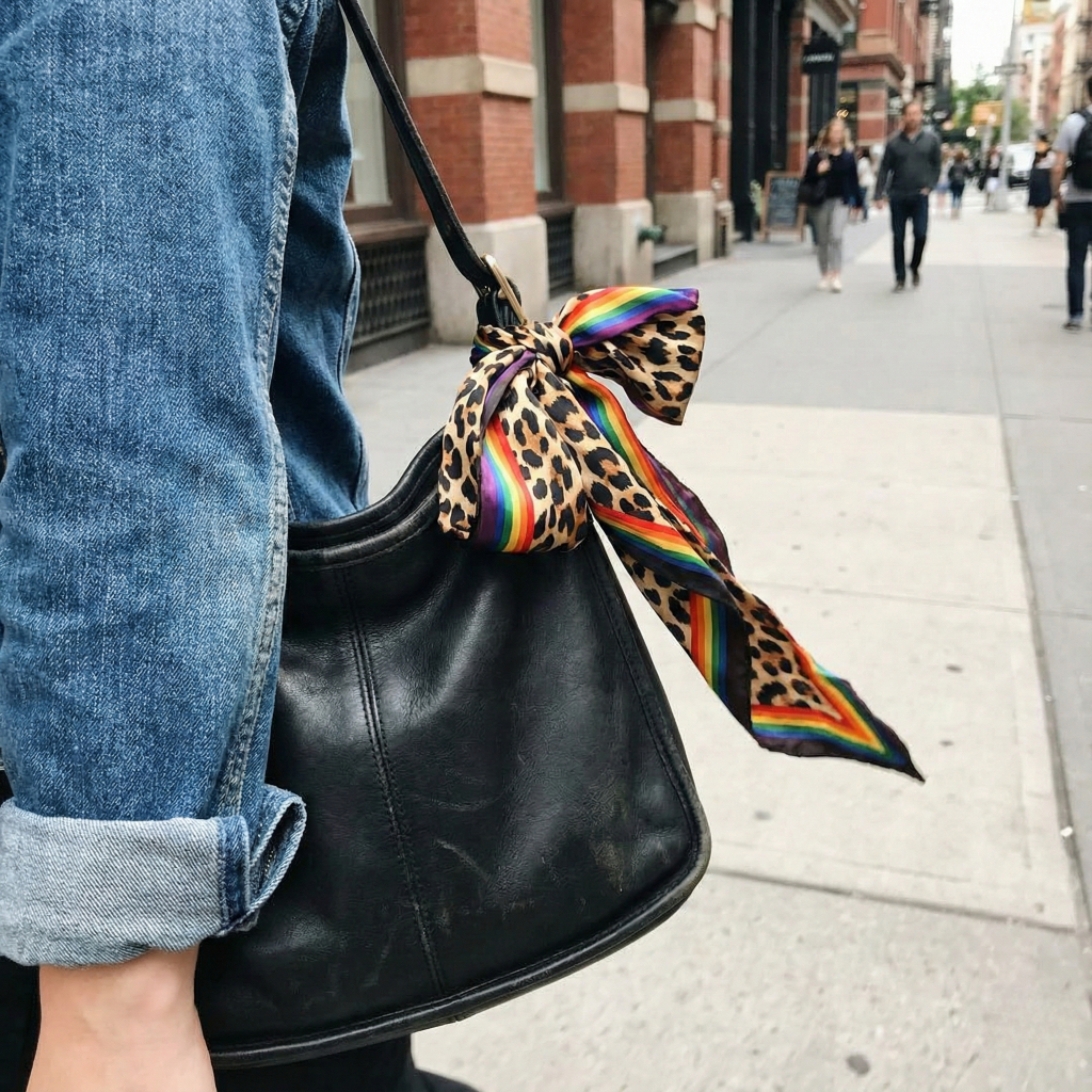 Leopard print and rainbow striped scarf tied on a black handbag.