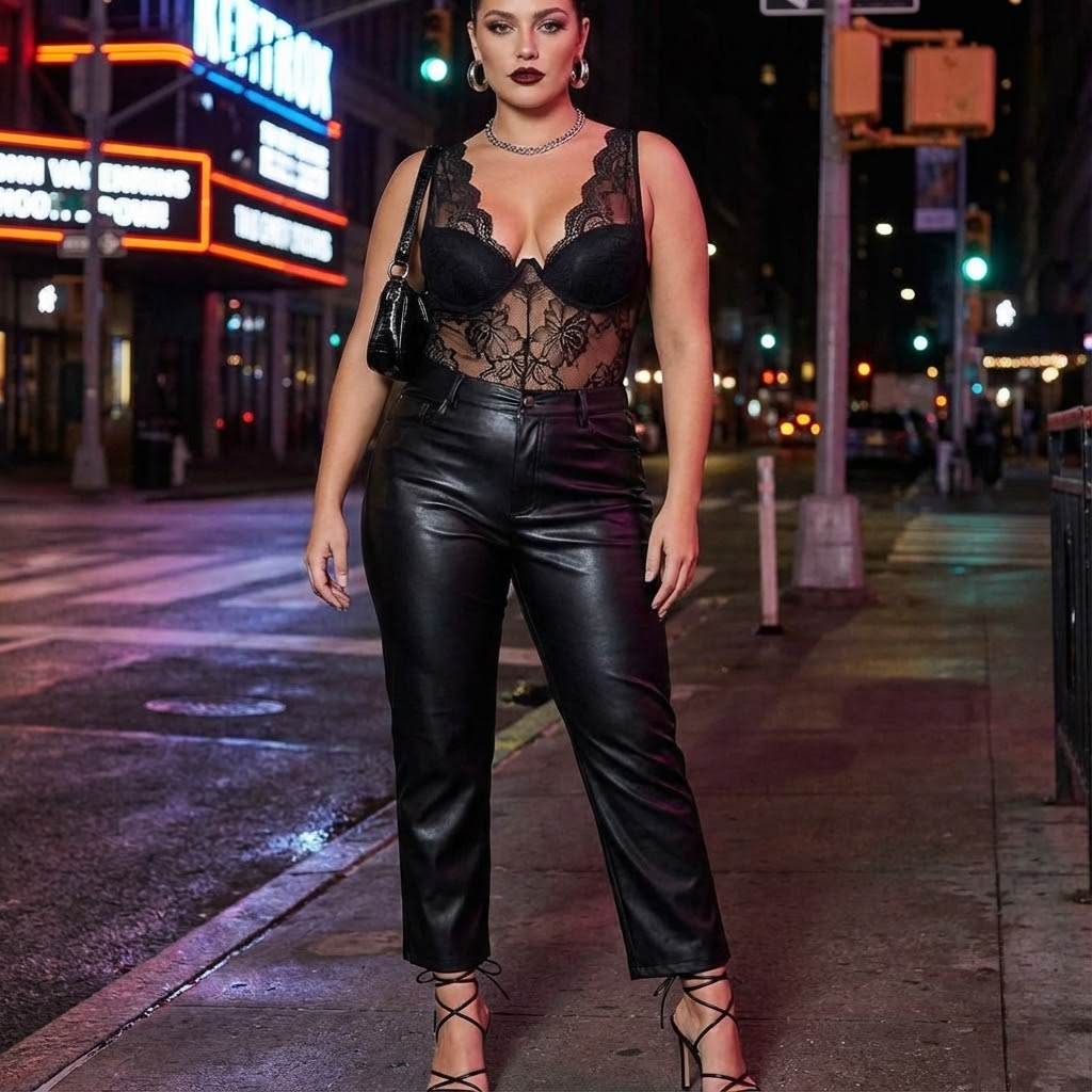 Woman in black lace bodysuit and leather pants on a night out.