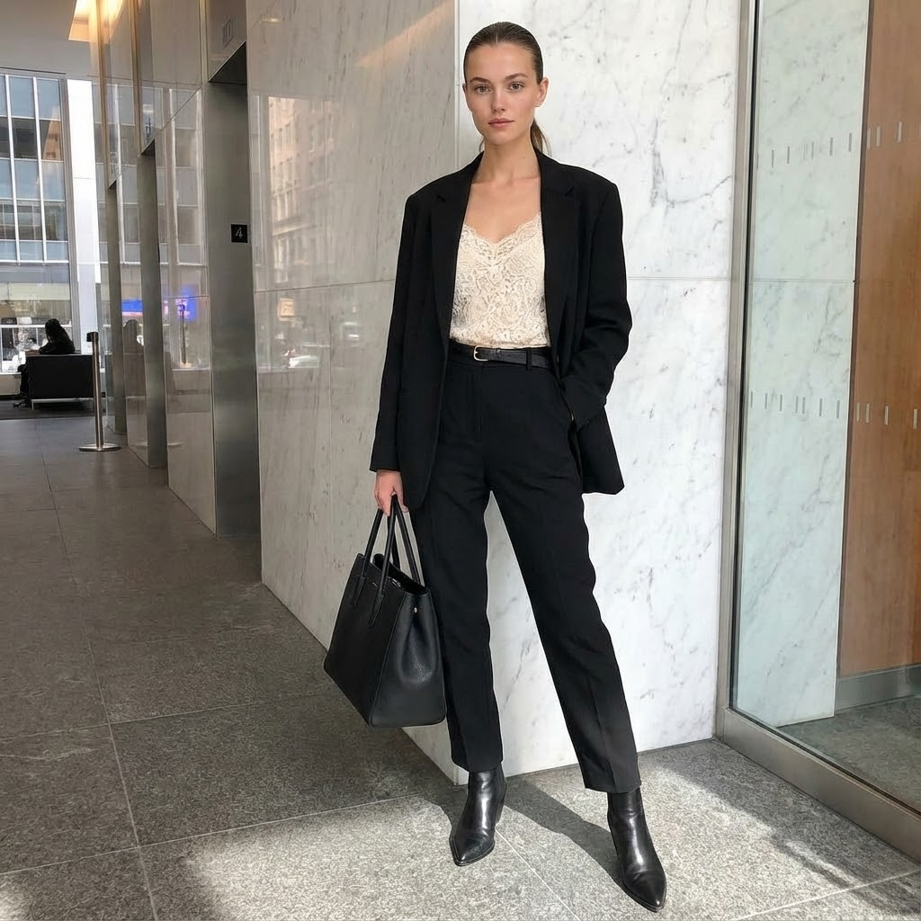 Woman in black blazer, cream lace cami, black pants, pointed boots, and tote bag