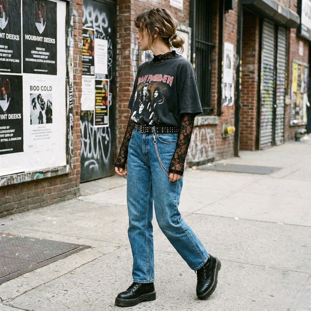 Woman in black lace top layered under band tee, blue jeans, and combat boots.