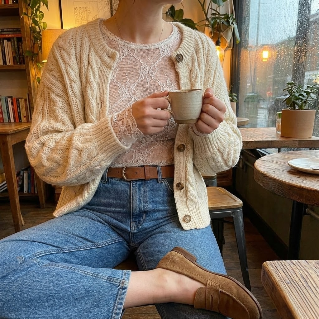 Lace top layered with a cozy cardigan, jeans, and loafers.