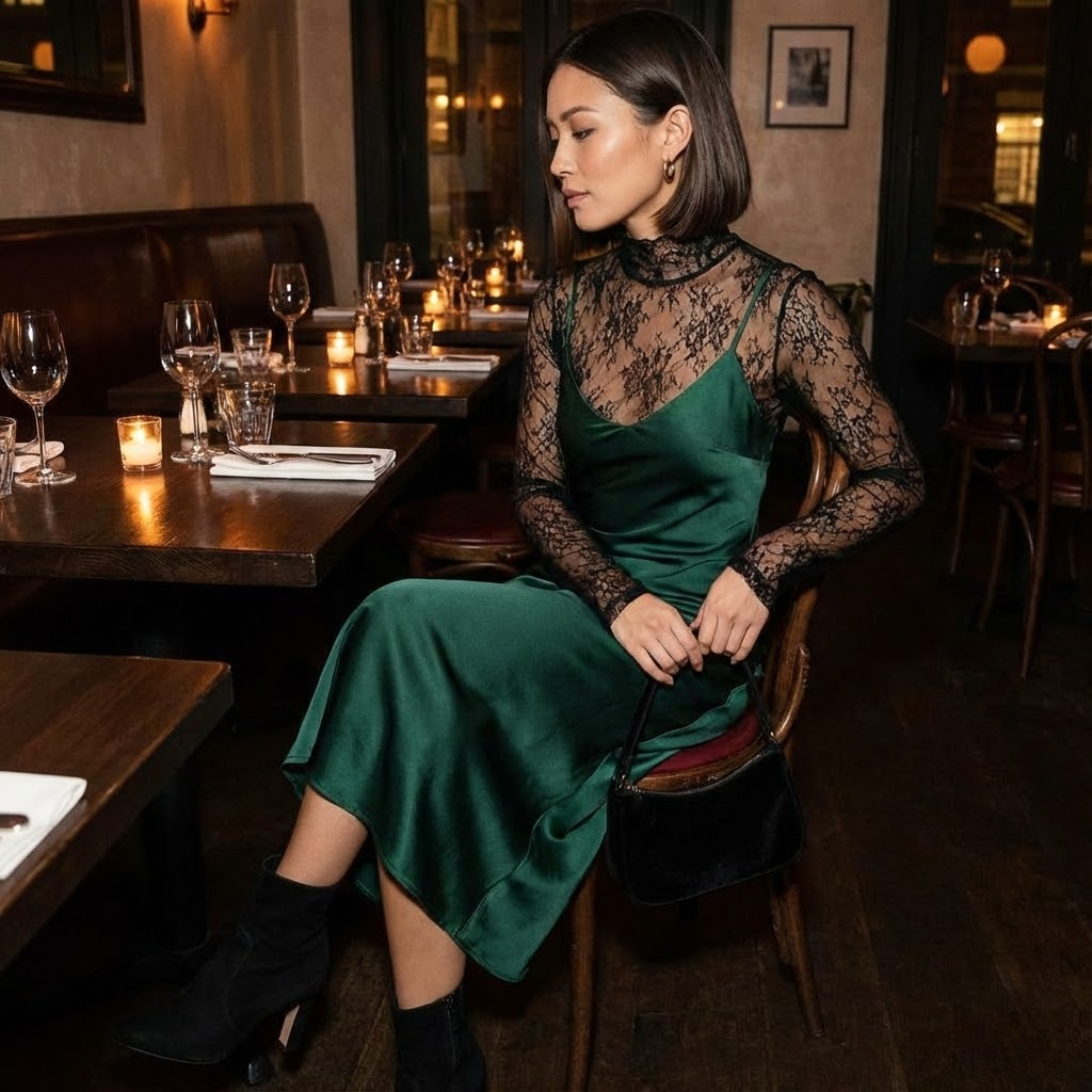 Trendy layering: black lace top under green slip dress for fall fashion.