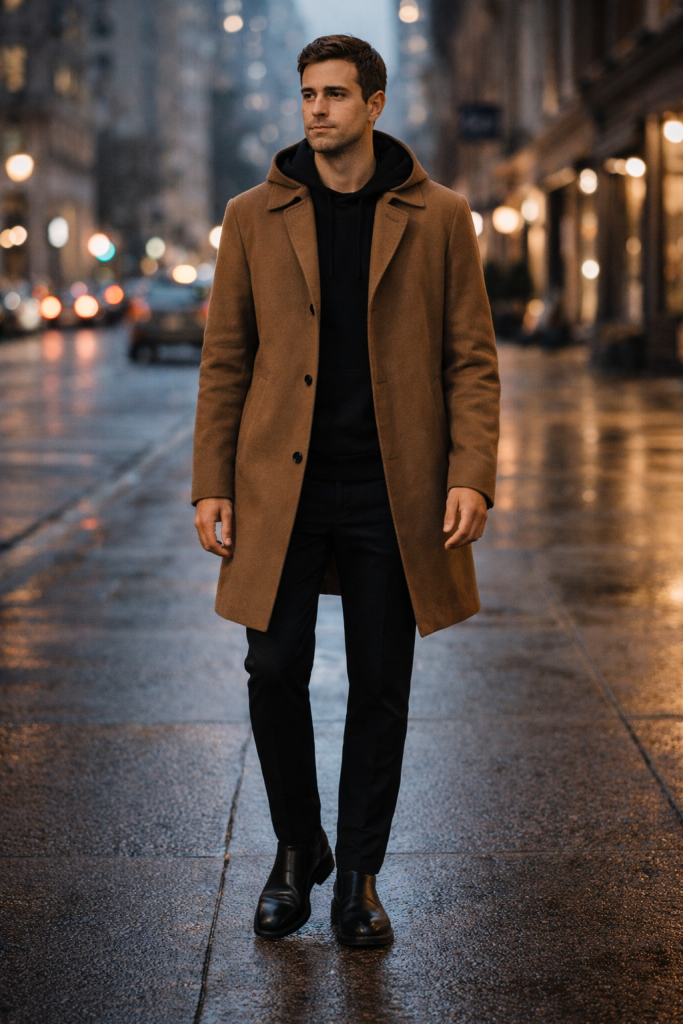 Man in brown luxury cashmere hooded trench coat on city street.