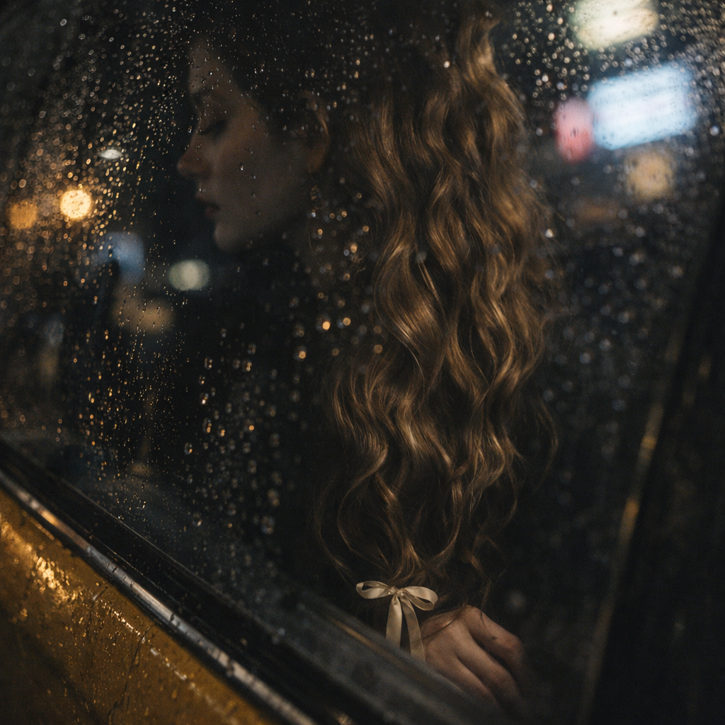 Woman with mermaid waves in taxi on rainy city night.