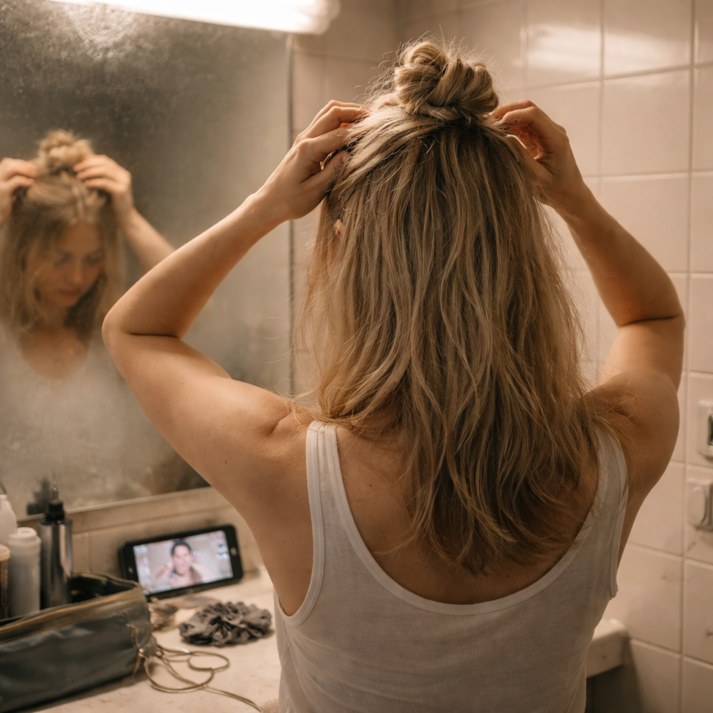 Woman adjusting messy half-up top knot in hotel mirror.