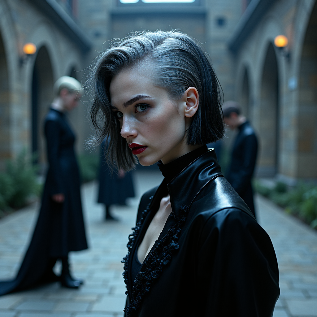 A dramatic fashion portrait in a gothic setting - figure wearing a black leather outfit with lace details and dark lipstick, photographed in moody lighting with stone architecture in the background