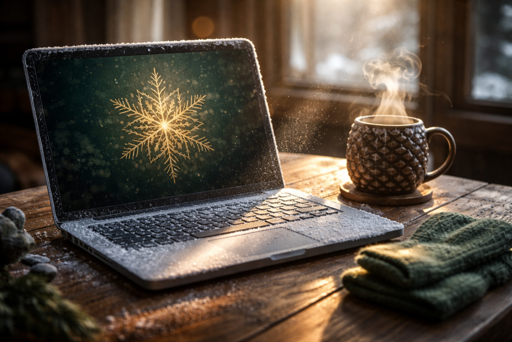 Minimalist Christmas laptop with golden snowflake wallpaper and hot steaming mug.