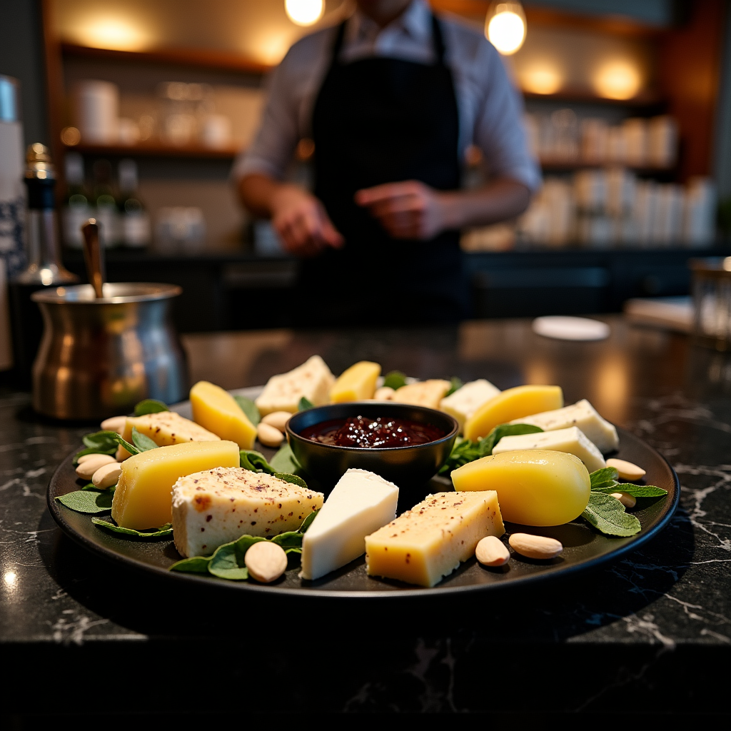 Elegant cheese plate with various cheeses, fresh sage leaves, whole almonds, and a small bowl of dark sauce, served on a black marble counter with a server in the background