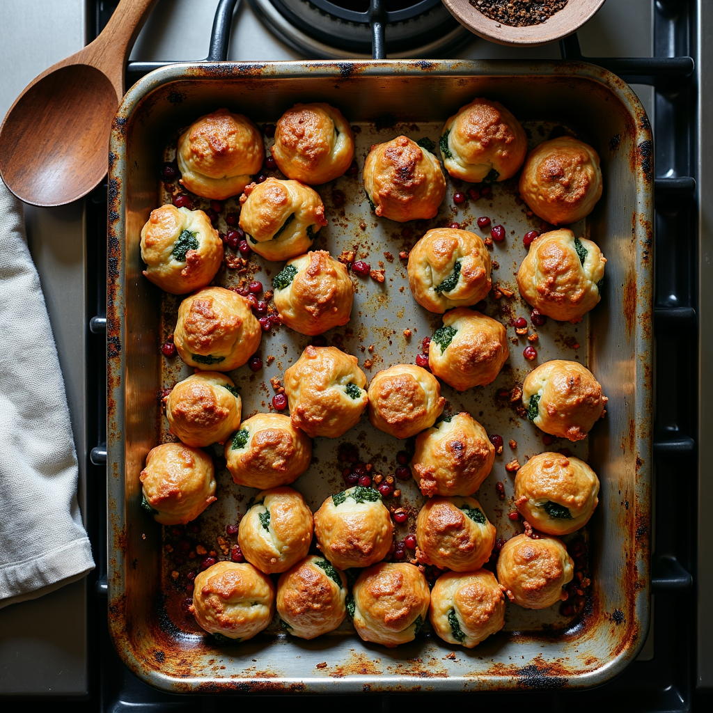Golden brown stuffed pastry puffs arranged in rows on a baking sheet, filled with spinach and garnished with pink peppercorns, with wooden spoons visible at the top of the frame