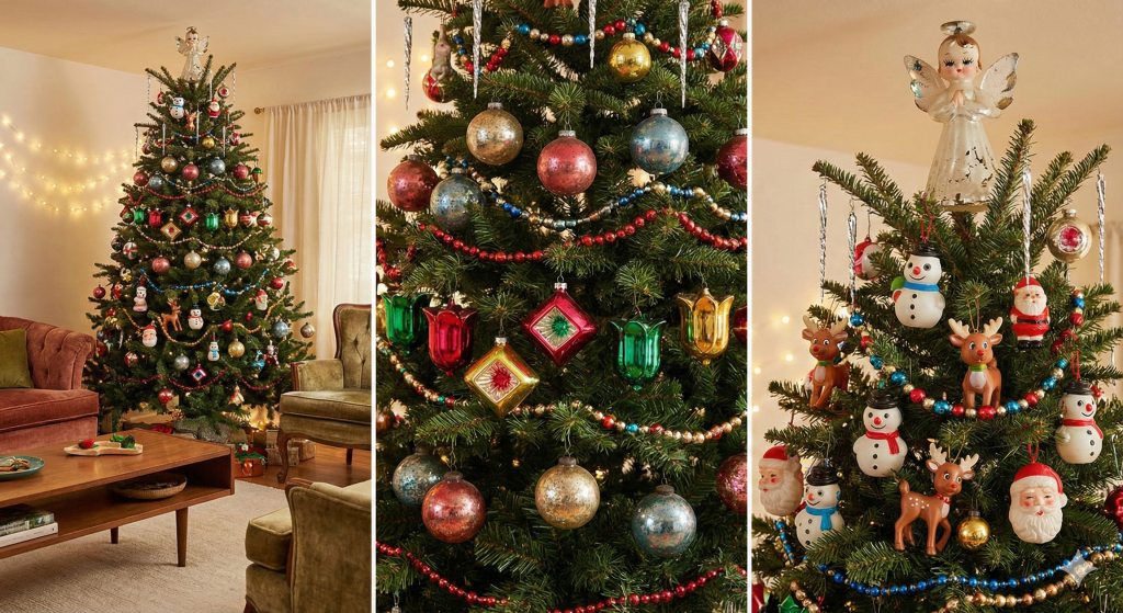 Mixed-era vintage Christmas tree in a cozy living room, decorated with colorful glass baubles, diamond-shaped ornaments, bead garlands, retro figurines (snowmen, reindeer, Santa) and a white angel tree topper.