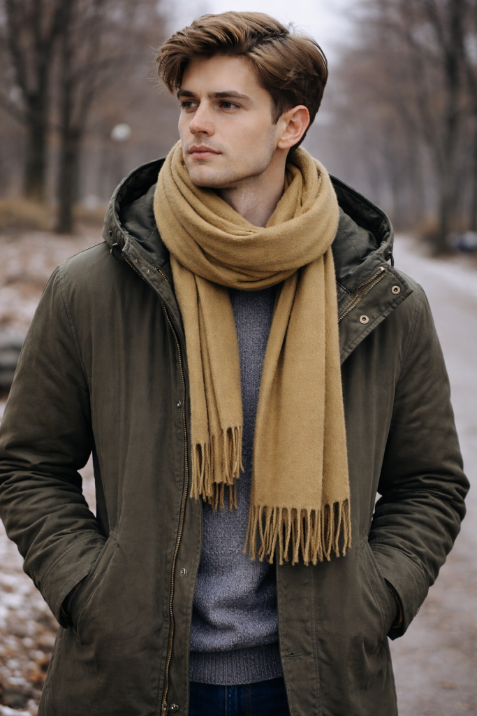 Man in olive parka, grey sweater, and muted mustard scarf.