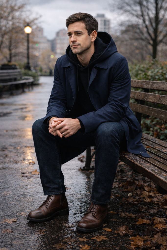 Man in navy hooded trench coat and jeans on a park bench