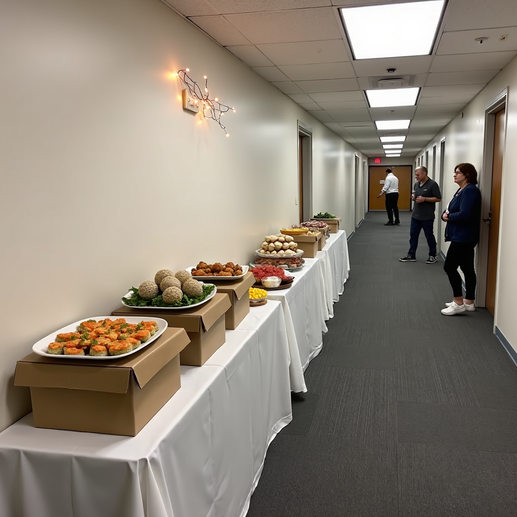Office hallway with long buffet table set up against wall, displaying various appetizers and dishes on white tablecloth, with people standing nearby.