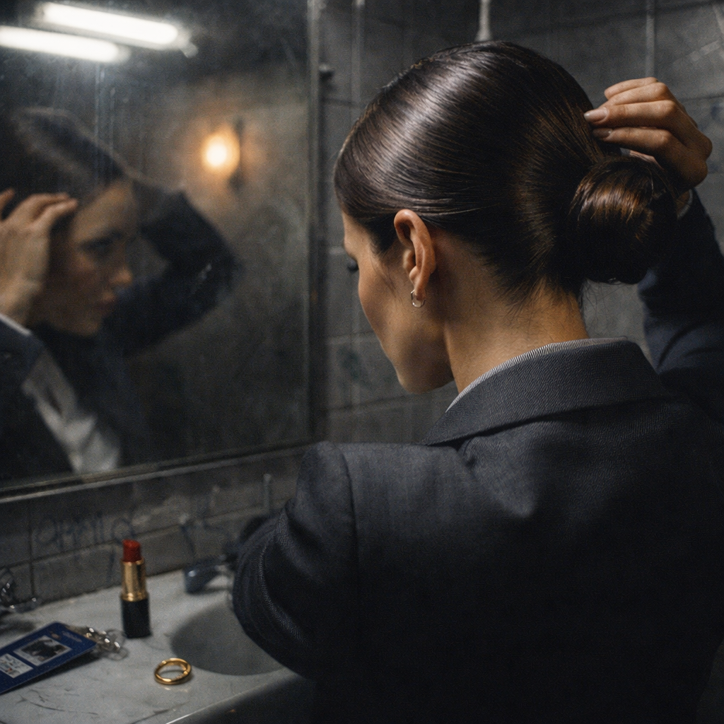 Woman styling sleek chignon in mirror, office to evening look.