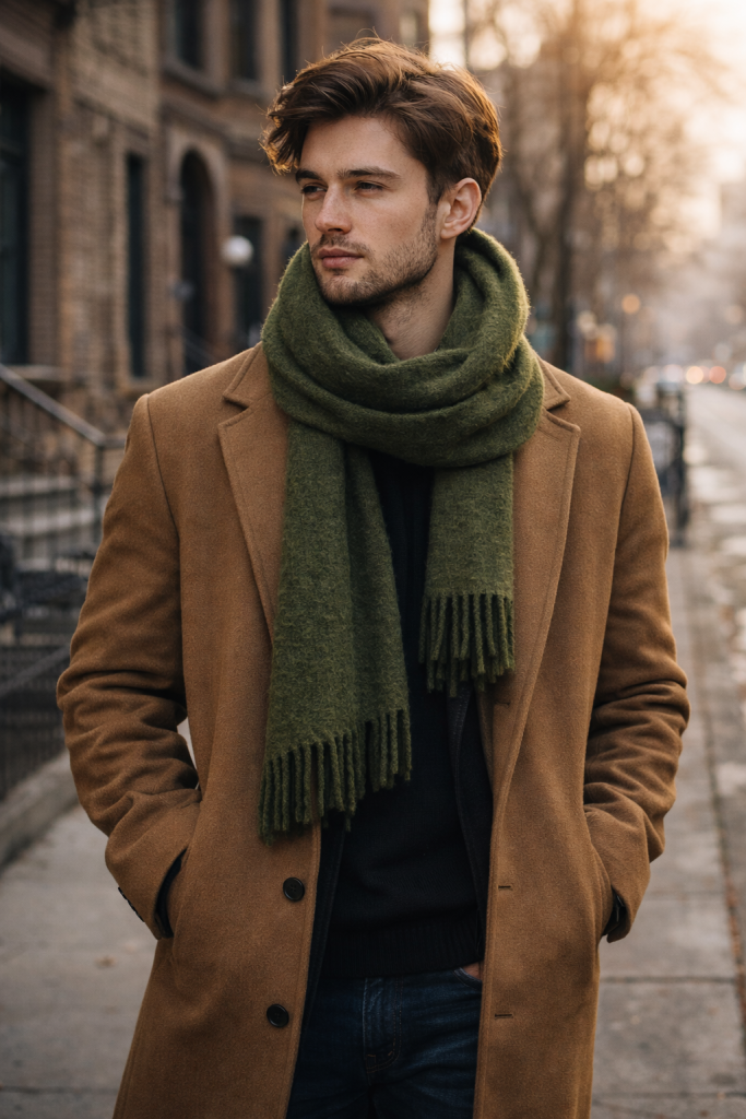 Man in olive scarf and camel coat, warm undertones