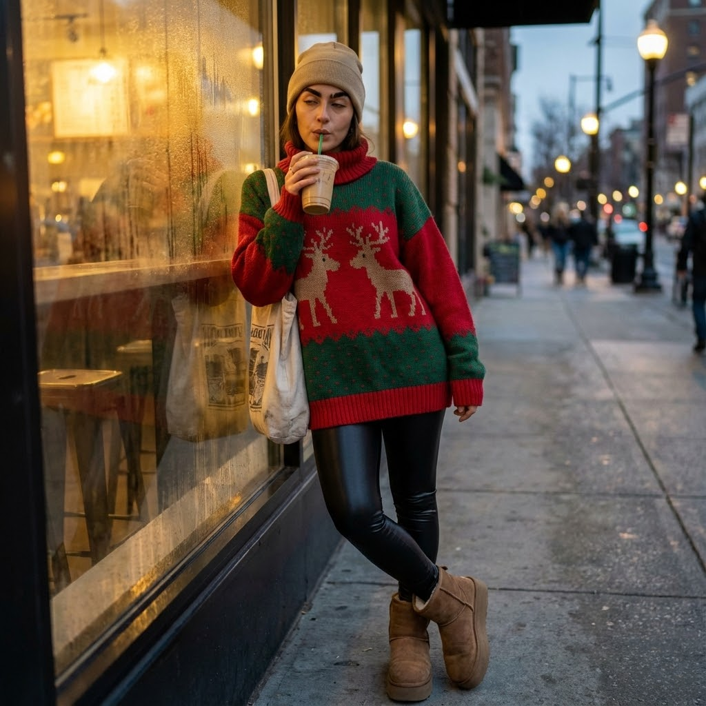 Woman in oversized vintage Christmas sweater, beanie, and leggings drinking coffee outdoors.