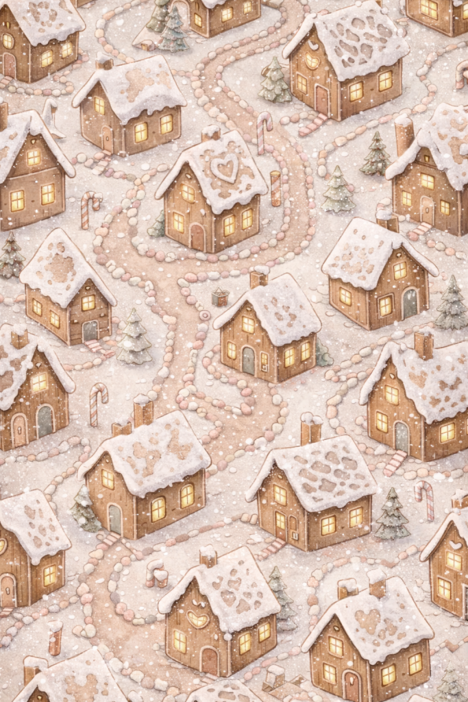 Pastel gingerbread village with snowy roofs and candy paths.