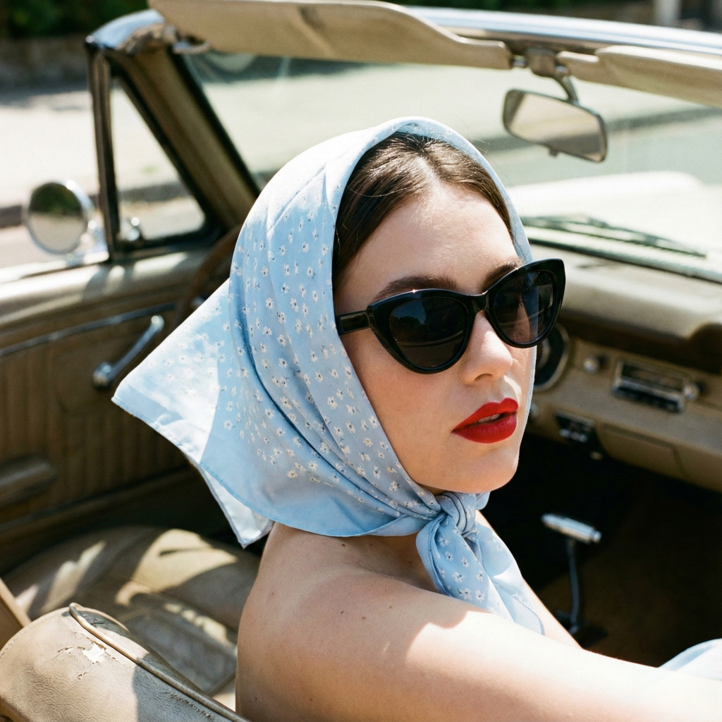 Woman in light blue floral headscarf, black sunglasses, and red lipstick in a convertible.