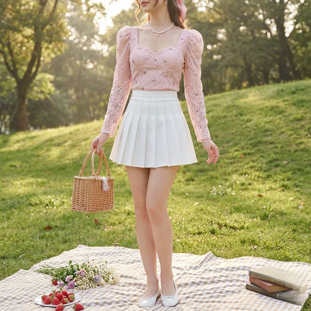 Soft girl in pastel pink lace top, white pleated skirt, and pearl necklace at a picnic.