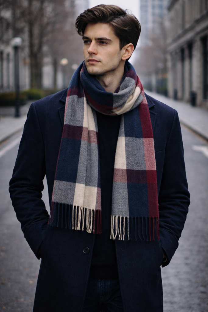 Man in tailored navy coat and plaid scarf with burgundy, navy, and cream pattern.