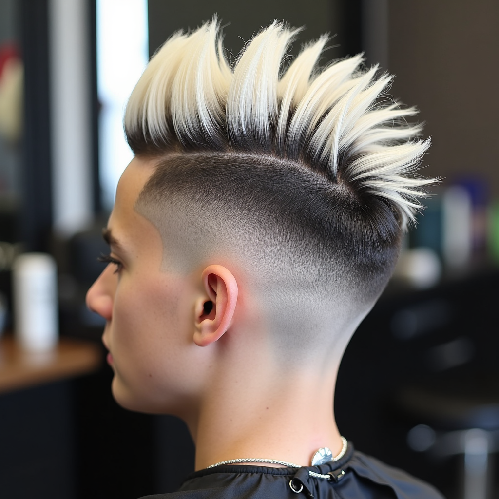 Modern mohawk hairstyle with bleached white spikes on top and a sharp fade haircut on the sides, shown from profile view