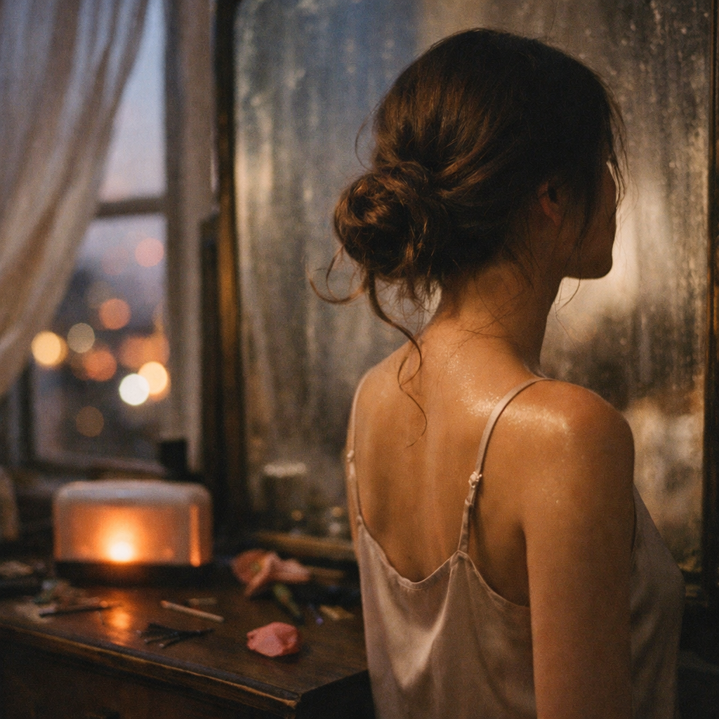 Woman with hair bun in a nightgown by a window, city lights blurred outside.