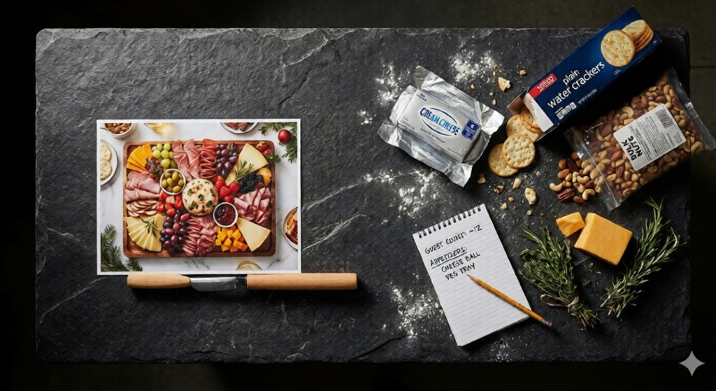 A photo of a charcuterie board with meats, cheeses, crackers, nuts, and fruits arranged on a dark slate surface, surrounded by scattered crackers, nuts, and a notepad with pencil. A knife with a wooden handle lies nearby.