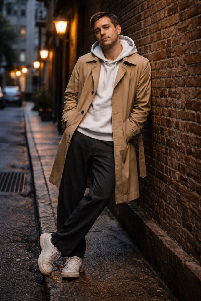 Man in relaxed hooded trench coat, white hoodie, black pants, and white sneakers leaning on a brick wall.