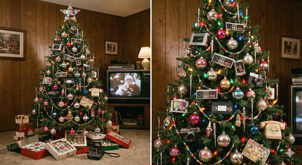 Retro tech-themed Christmas tree decorated with vintage gadgets like game controllers, cameras, radios, and cassette players, set in a cozy wood-paneled living room with wrapped presents.