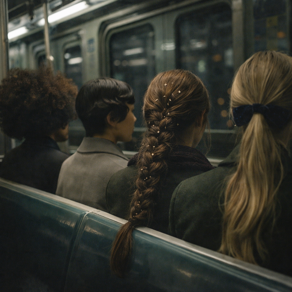 Women with diverse long hairstyles on night subway.