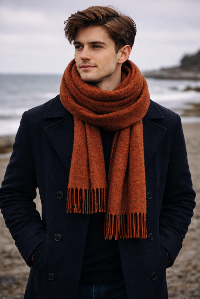 Young man in rust scarf and navy coat for warm winter style.