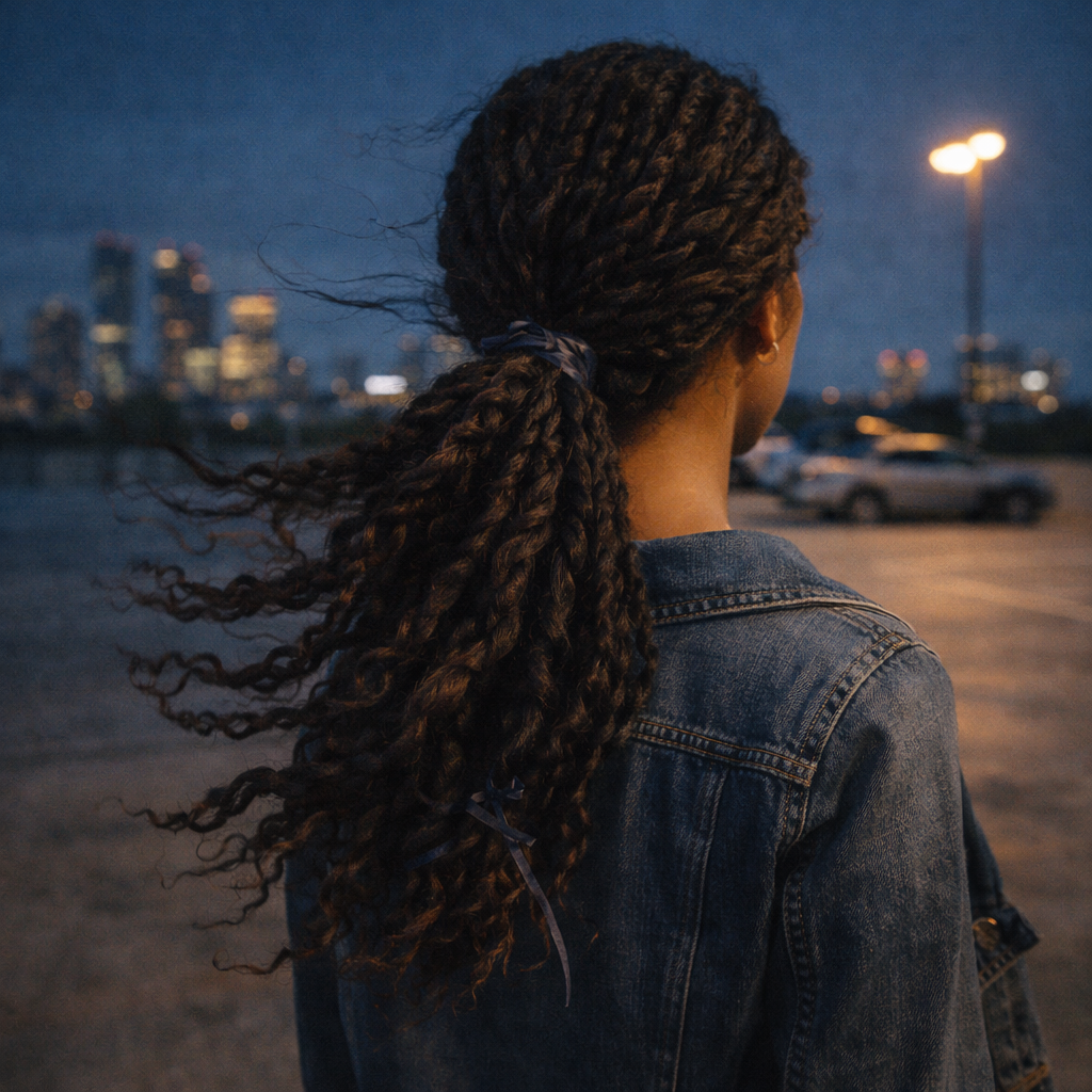 Woman with twisted ponytail blowing in wind, blue hour rooftop cityscape.