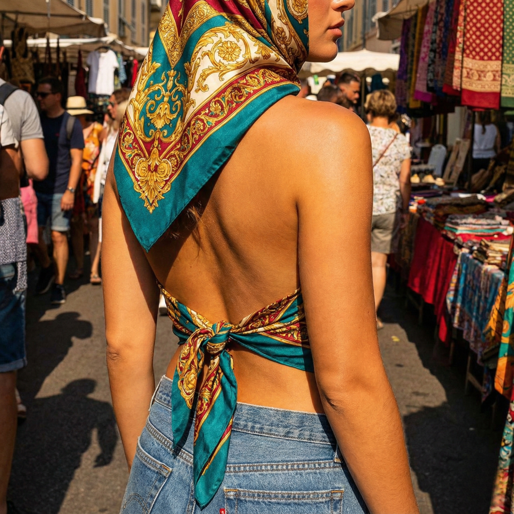 Woman in teal and gold baroque print silk scarf top, tied at back, with denim shorts at outdoor market.
