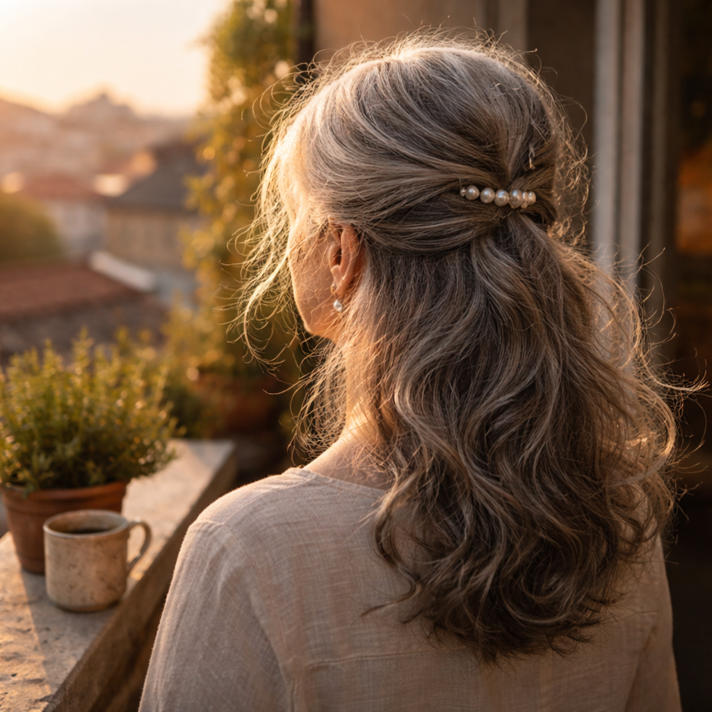 Woman with silver half-up twist hair on golden hour balcony.