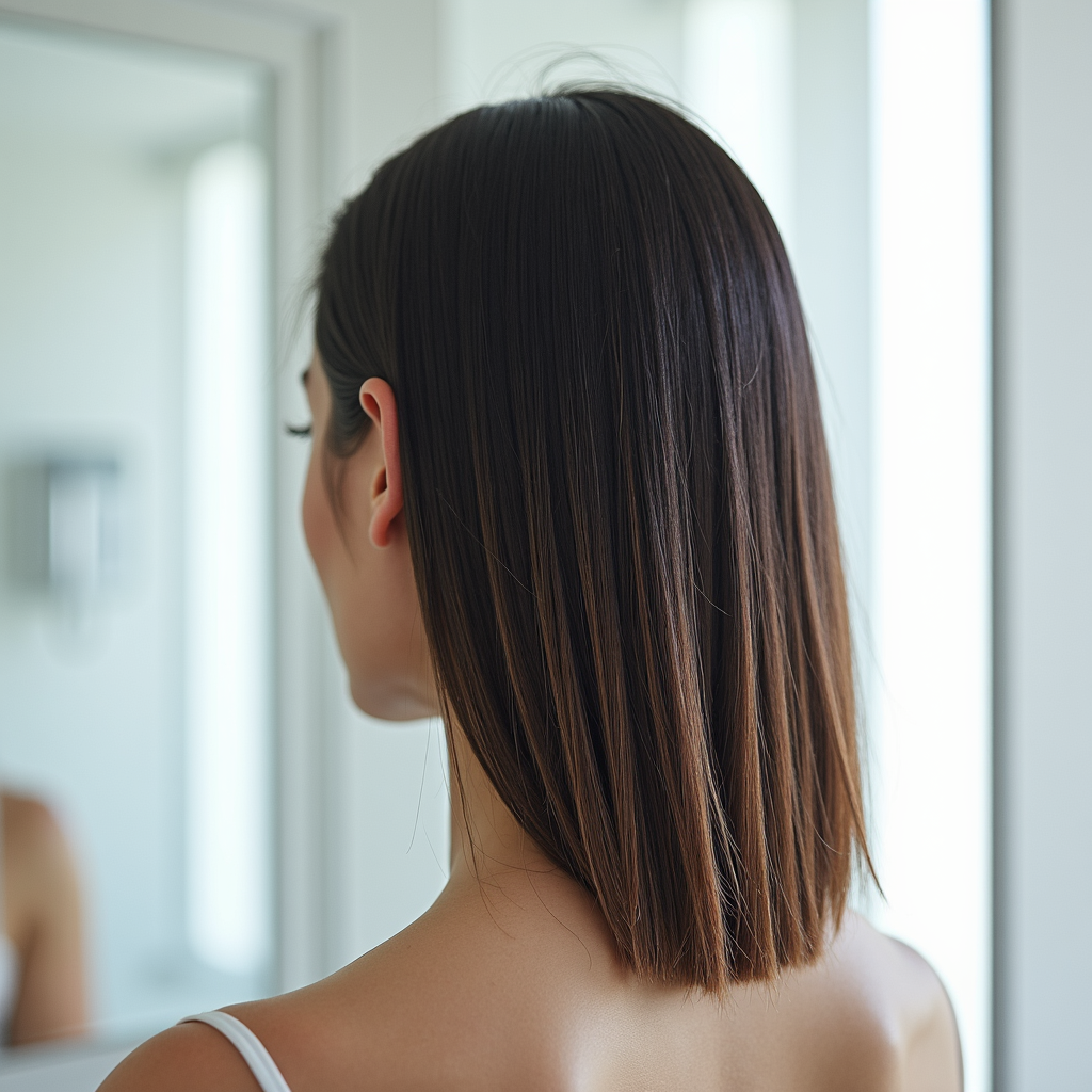Back view of person with straight dark brown hair wearing white tank top straps, looking towards a bright window