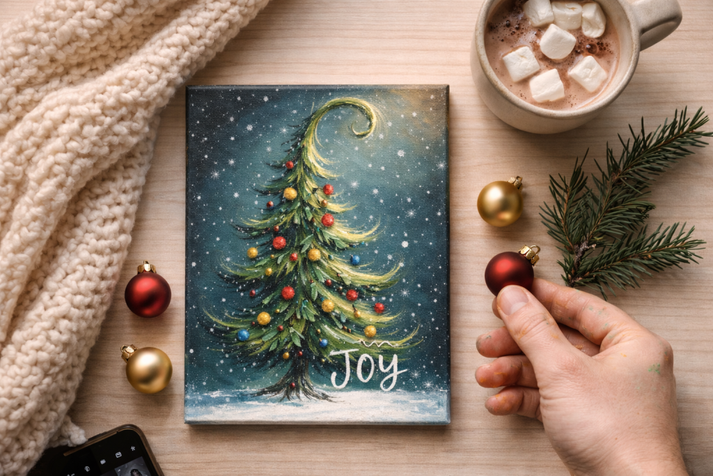 Christmas tree painting 'Joy' with hot cocoa, ornaments, and knit blanket