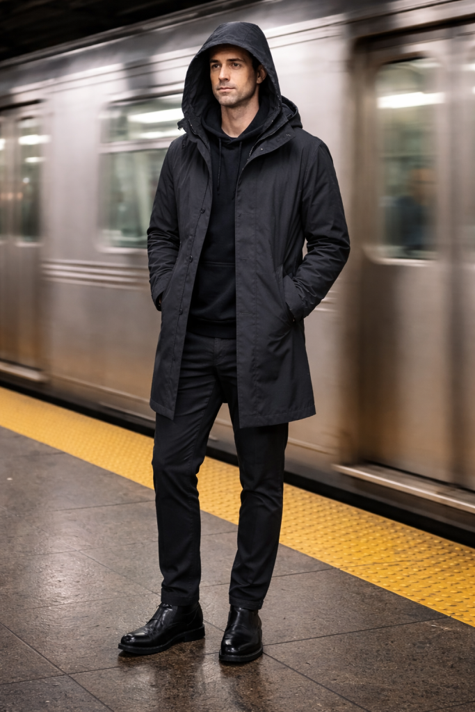 Man in black technical hooded trench coat on subway platform.