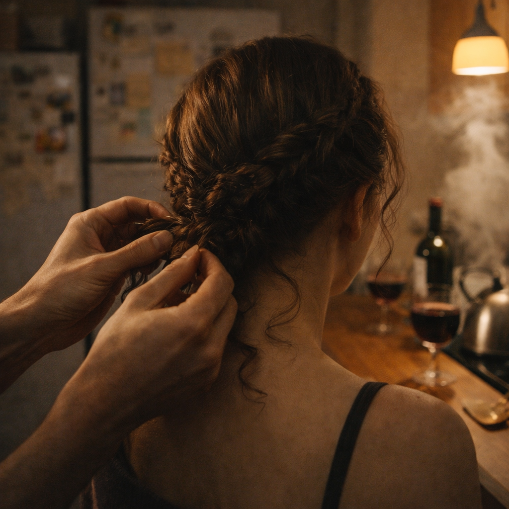Hands unpinning a woman's braided crown hairstyle in a cozy kitchen setting at night.
