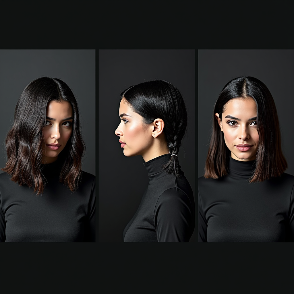 Three dramatic portrait angles of a woman with shoulder-length dark hair wearing a black turtleneck against a dark background