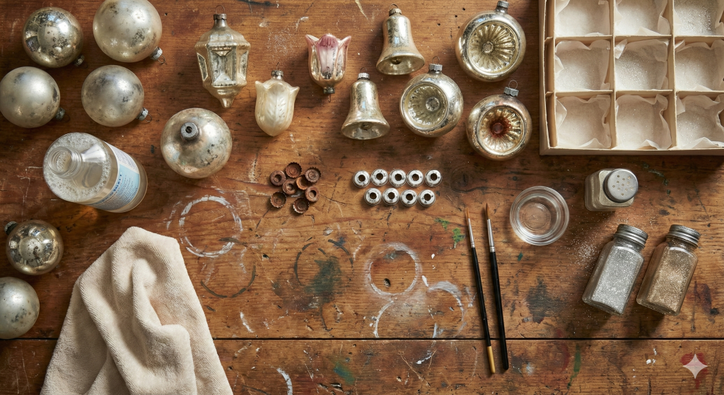 Vintage Christmas ornament restoration on a wooden worktable with tarnished silver glass baubles, bells, toppers, glitter jars, tiny caps and washers, two paintbrushes, a cloth, a solvent bottle, and a divided storage box for ornament parts.